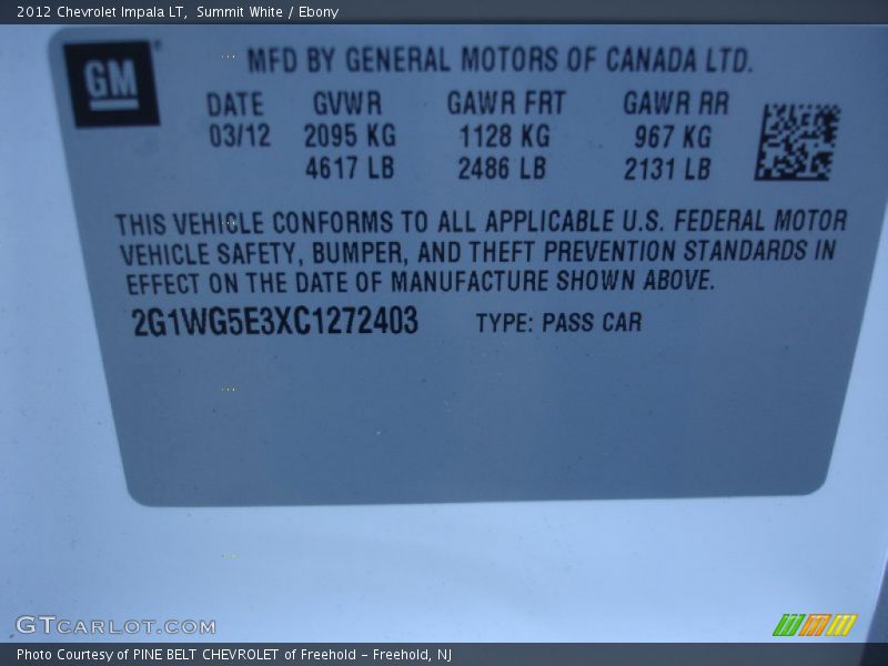 Summit White / Ebony 2012 Chevrolet Impala LT
