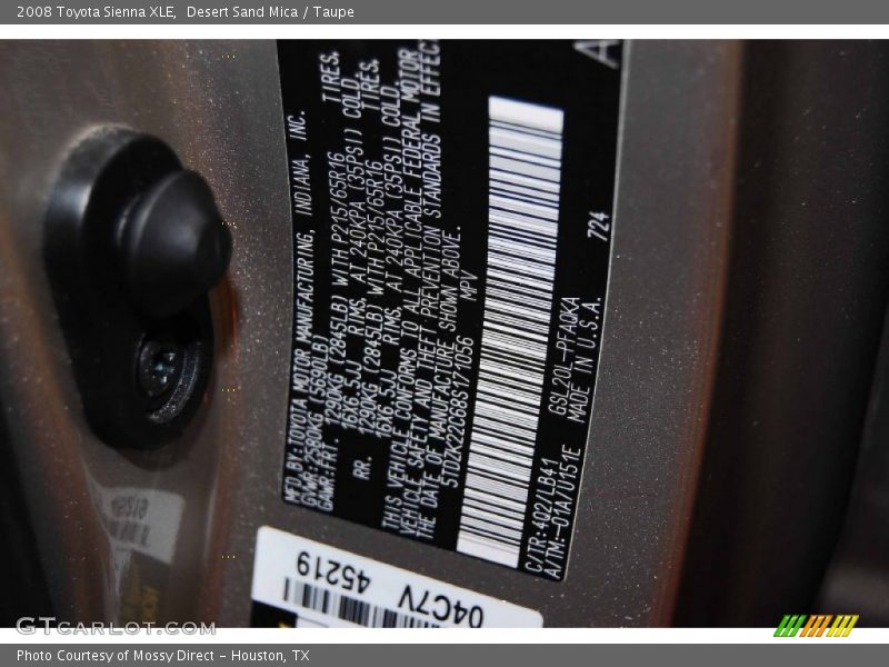 2008 Sienna XLE Desert Sand Mica Color Code 4Q2