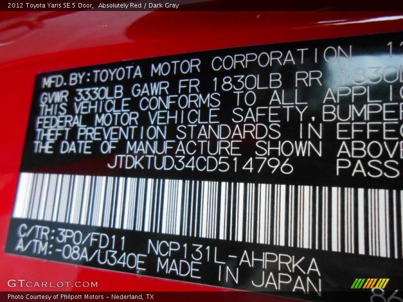 Absolutely Red / Dark Gray 2012 Toyota Yaris SE 5 Door