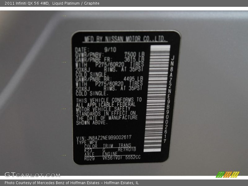 2011 QX 56 4WD Liquid Platinum Color Code K23