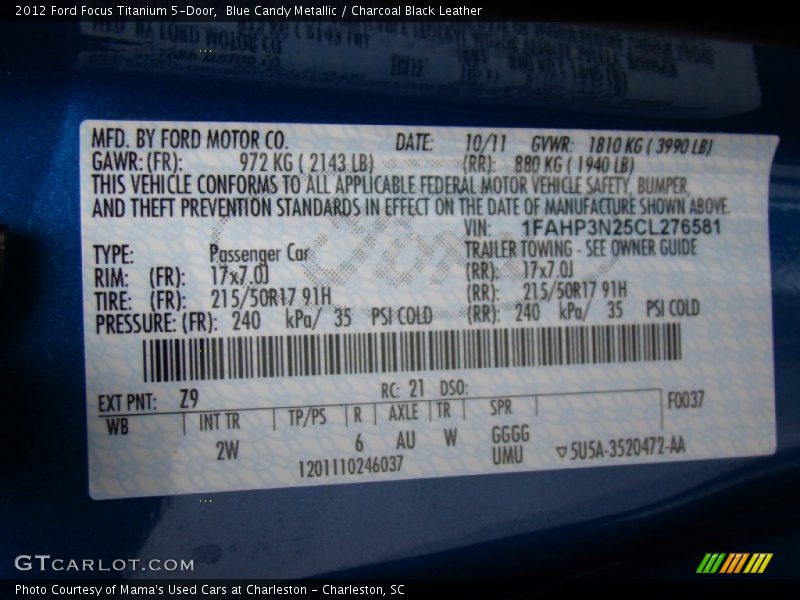 Blue Candy Metallic / Charcoal Black Leather 2012 Ford Focus Titanium 5-Door