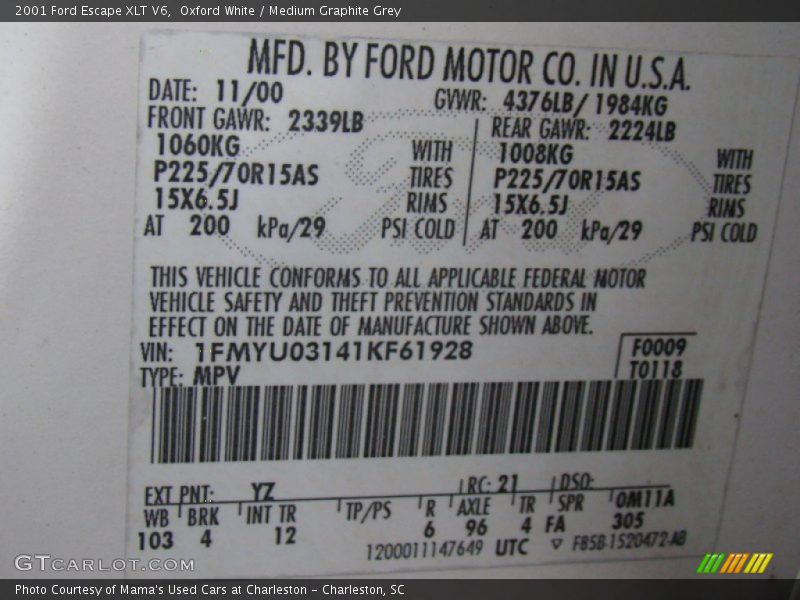 Oxford White / Medium Graphite Grey 2001 Ford Escape XLT V6