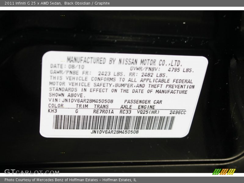Black Obsidian / Graphite 2011 Infiniti G 25 x AWD Sedan