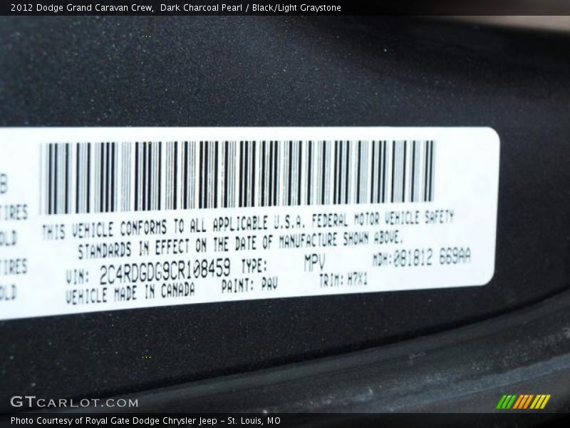 Dark Charcoal Pearl / Black/Light Graystone 2012 Dodge Grand Caravan Crew