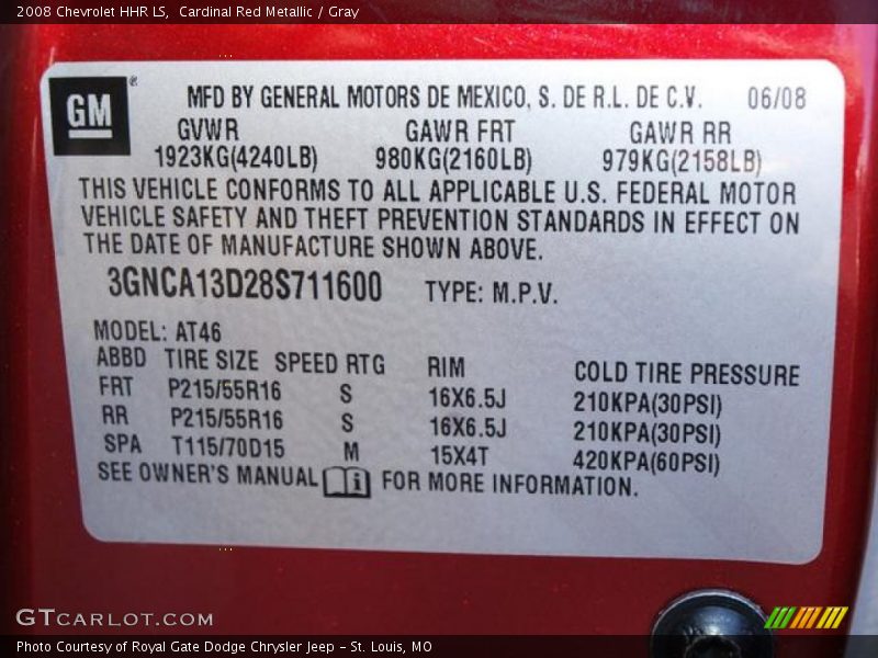 Info Tag of 2008 HHR LS