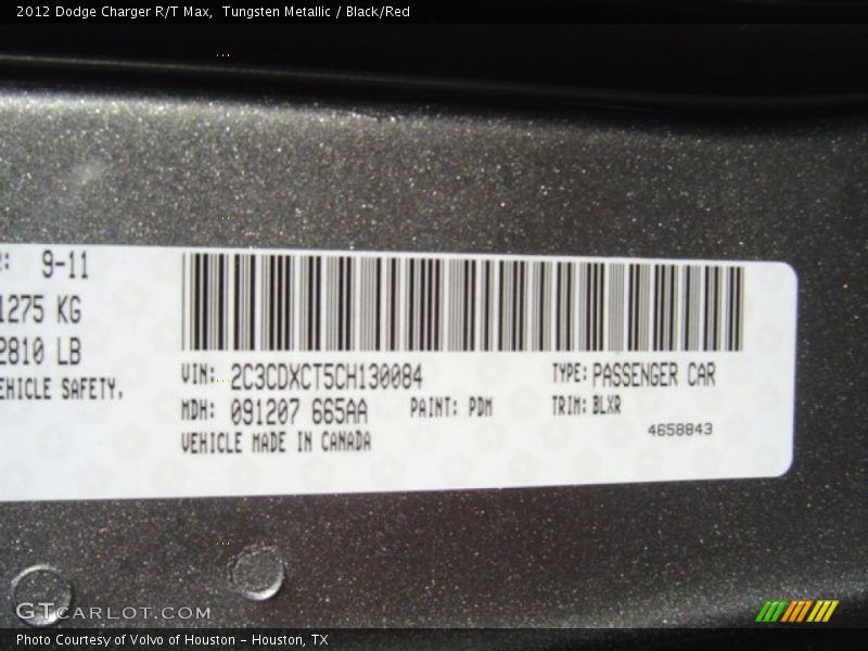2012 Charger R/T Max Tungsten Metallic Color Code PDM