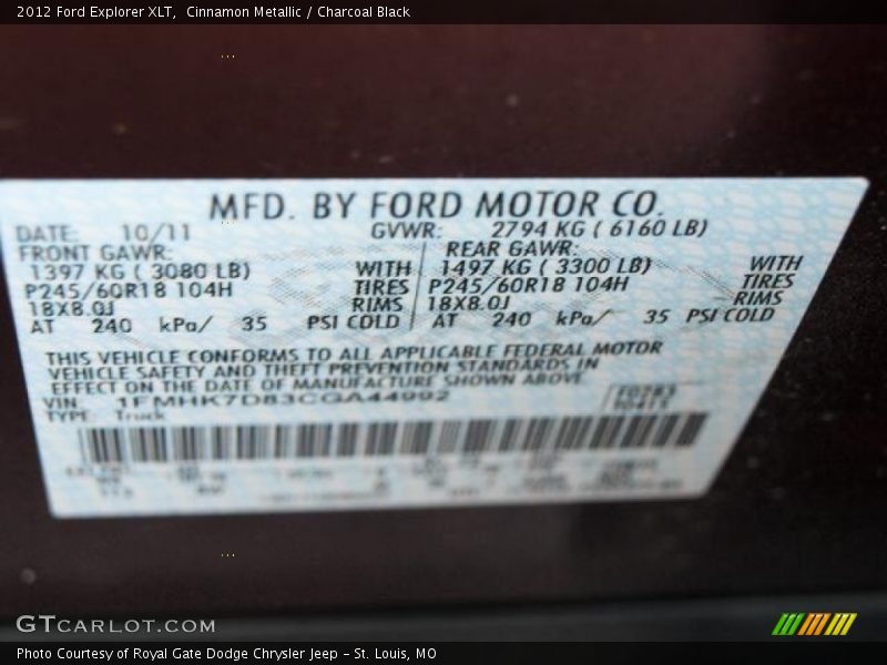 Cinnamon Metallic / Charcoal Black 2012 Ford Explorer XLT