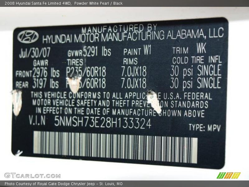 Powder White Pearl / Black 2008 Hyundai Santa Fe Limited 4WD
