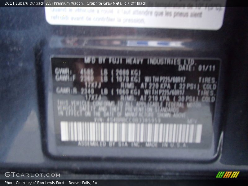 Graphite Gray Metallic / Off Black 2011 Subaru Outback 2.5i Premium Wagon