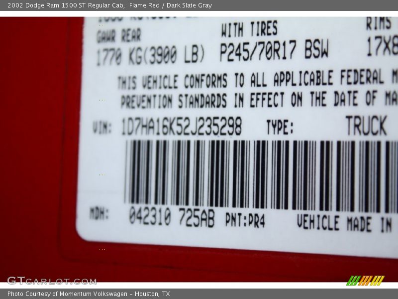 Flame Red / Dark Slate Gray 2002 Dodge Ram 1500 ST Regular Cab