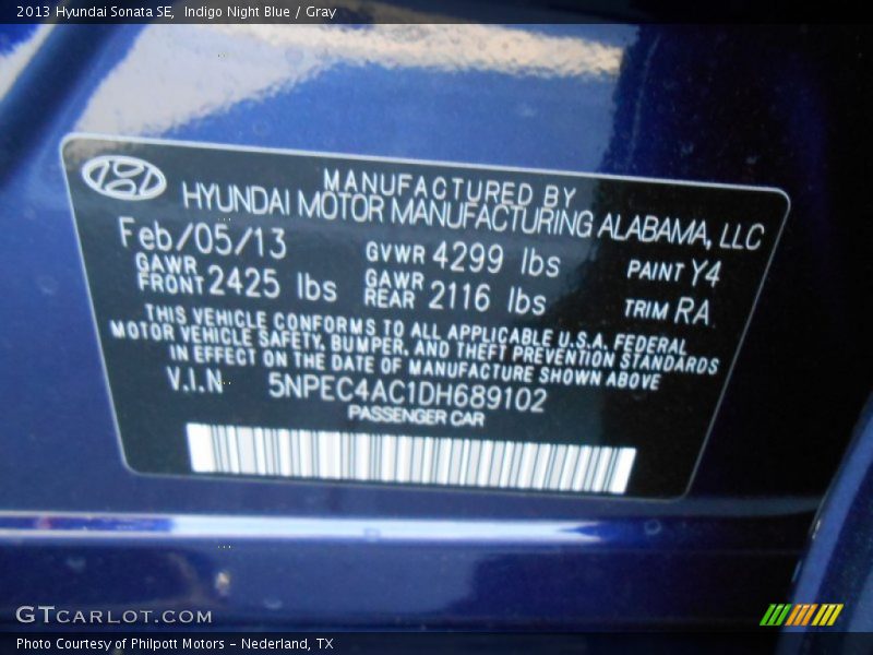 Indigo Night Blue / Gray 2013 Hyundai Sonata SE