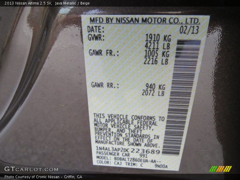 Java Metallic / Beige 2013 Nissan Altima 2.5 SV