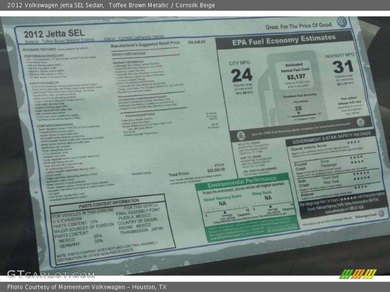 Toffee Brown Metallic / Cornsilk Beige 2012 Volkswagen Jetta SEL Sedan