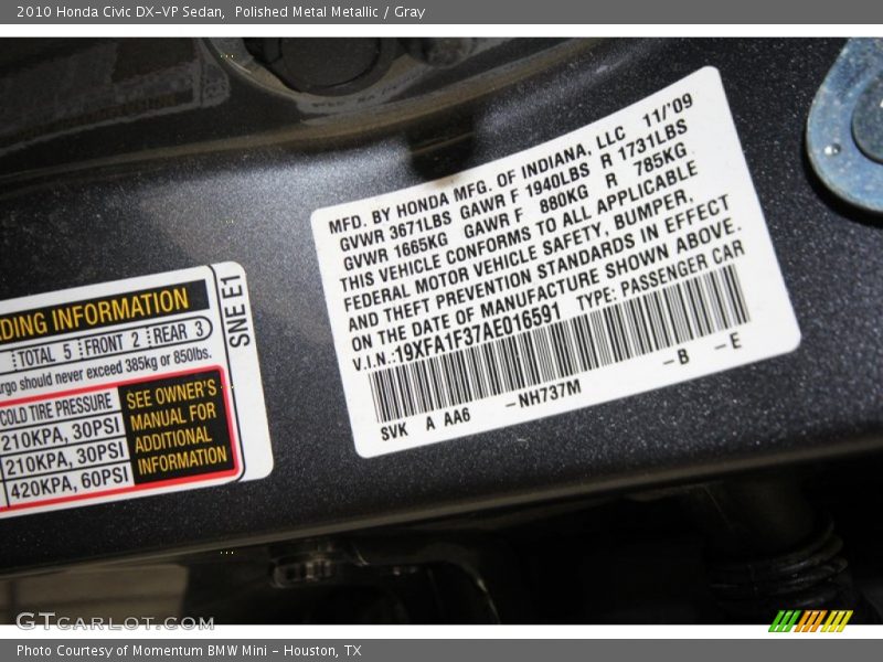 Polished Metal Metallic / Gray 2010 Honda Civic DX-VP Sedan