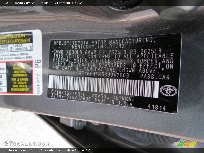 Magnetic Gray Metallic / Ash 2012 Toyota Camry LE