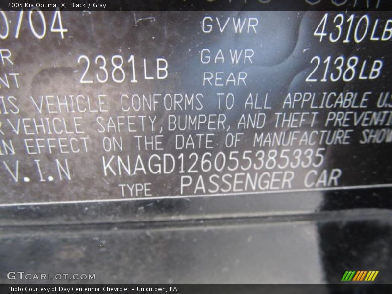 Black / Gray 2005 Kia Optima LX