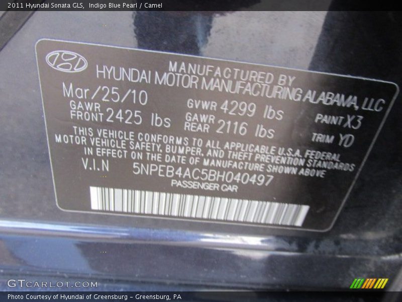 Indigo Blue Pearl / Camel 2011 Hyundai Sonata GLS