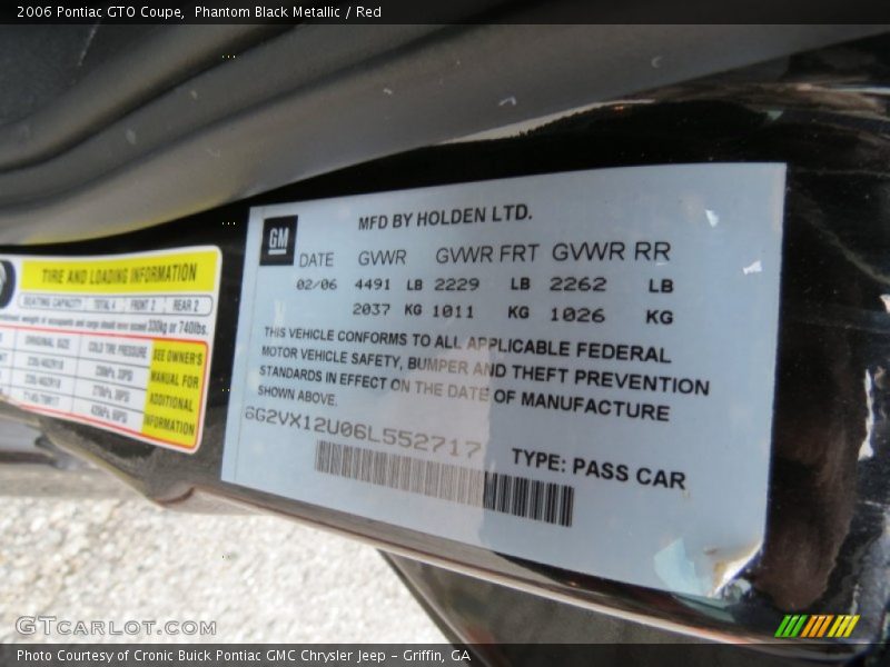 Info Tag of 2006 GTO Coupe