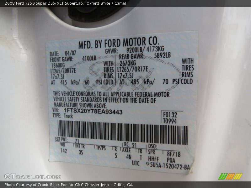 2008 F250 Super Duty XLT SuperCab Oxford White Color Code Z1