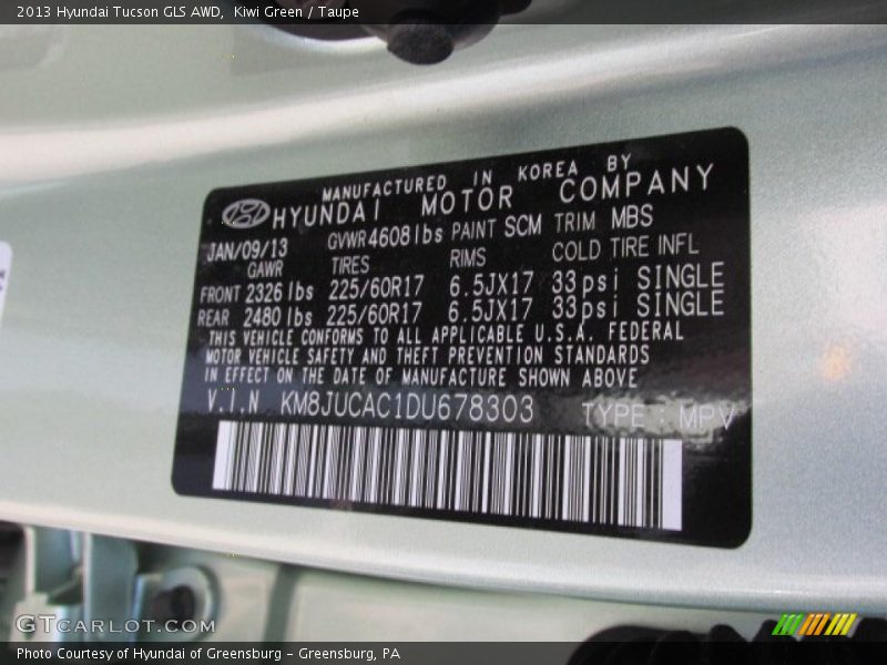 Kiwi Green / Taupe 2013 Hyundai Tucson GLS AWD