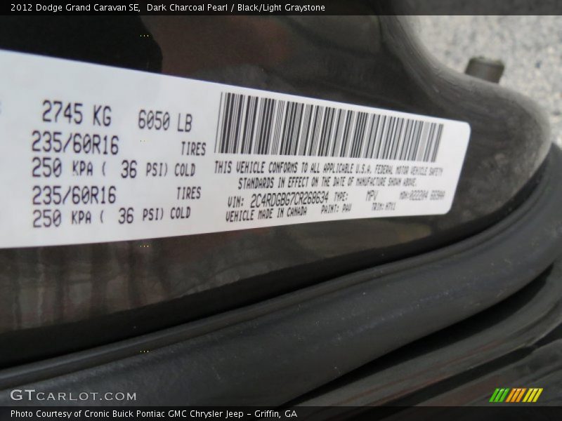 Dark Charcoal Pearl / Black/Light Graystone 2012 Dodge Grand Caravan SE