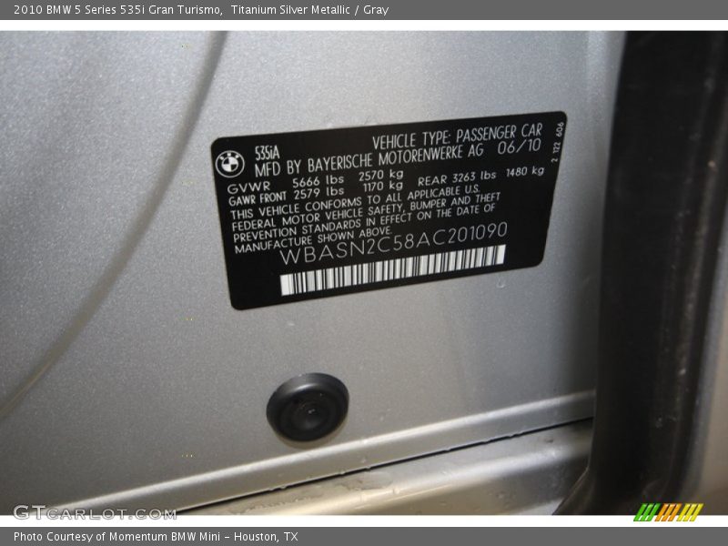 Info Tag of 2010 5 Series 535i Gran Turismo