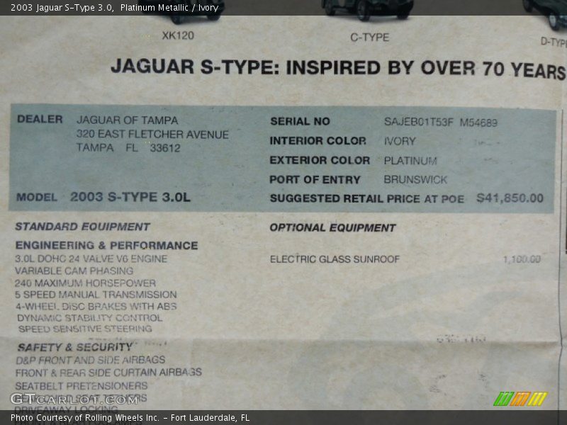  2003 S-Type 3.0 Window Sticker