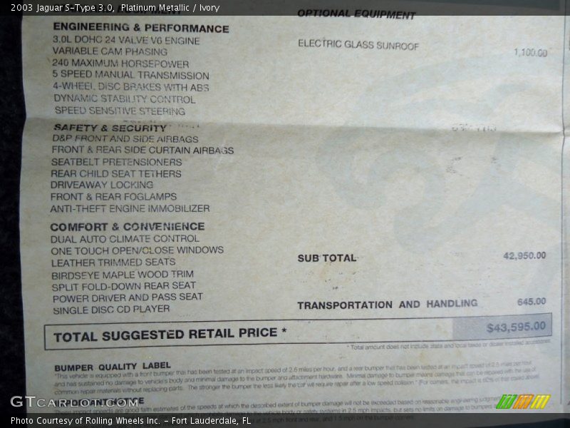  2003 S-Type 3.0 Window Sticker