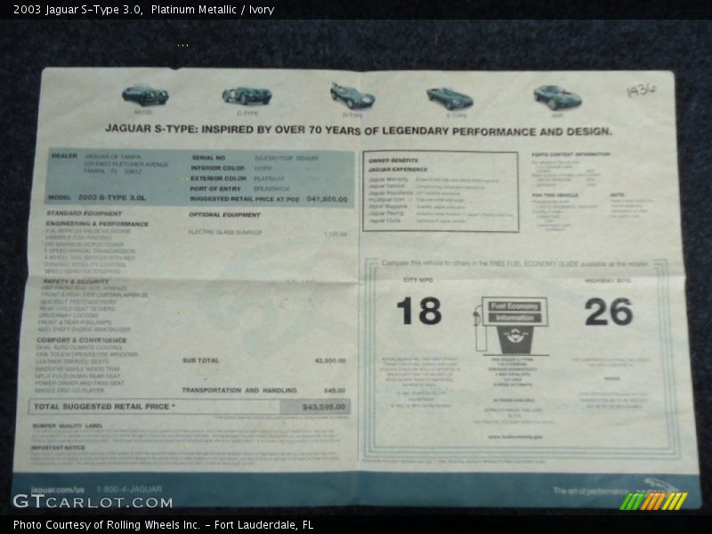  2003 S-Type 3.0 Window Sticker