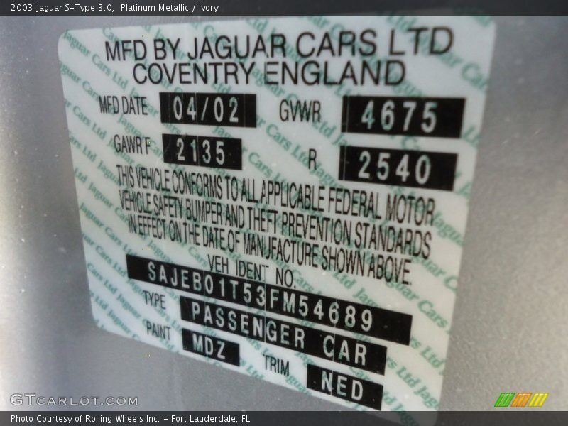 2003 S-Type 3.0 Platinum Metallic Color Code MDZ