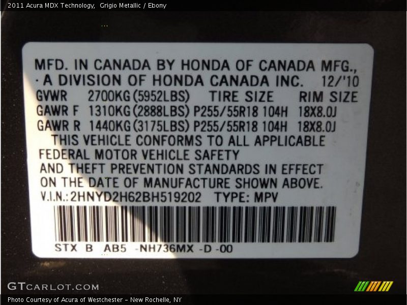 Grigio Metallic / Ebony 2011 Acura MDX Technology