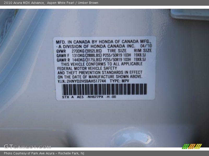 2010 MDX Advance Aspen White Pearl Color Code NH677PX