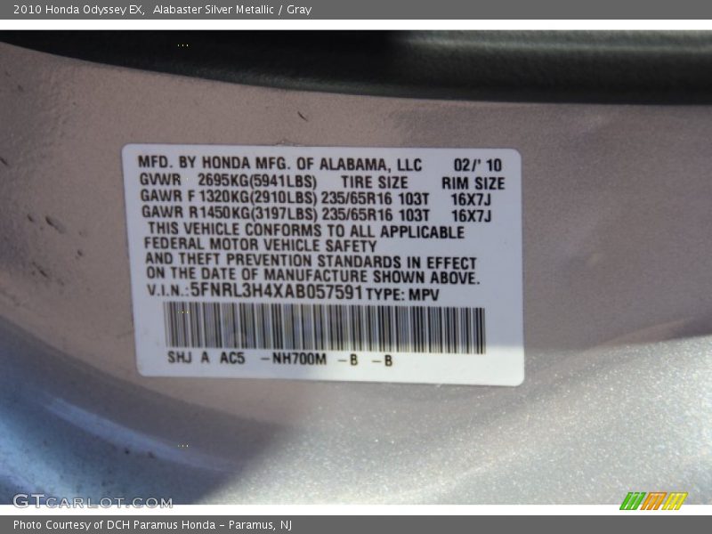 Alabaster Silver Metallic / Gray 2010 Honda Odyssey EX