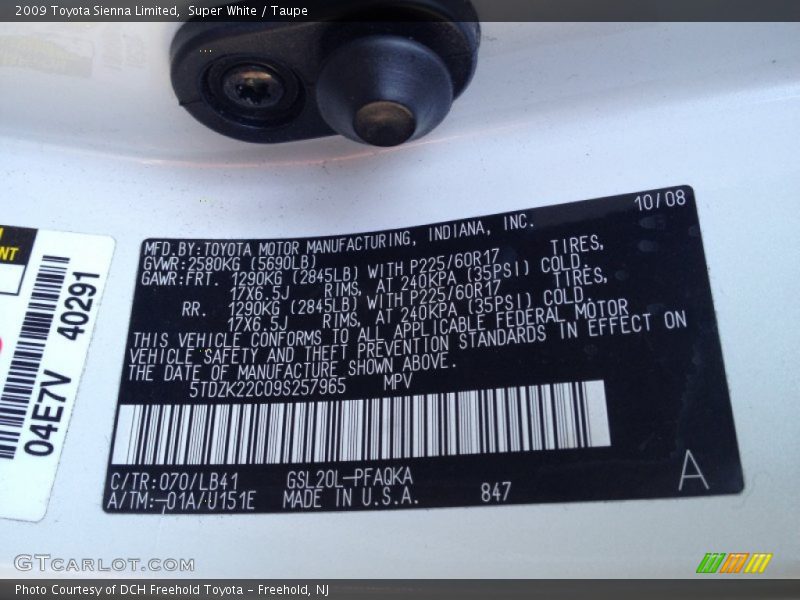 Super White / Taupe 2009 Toyota Sienna Limited
