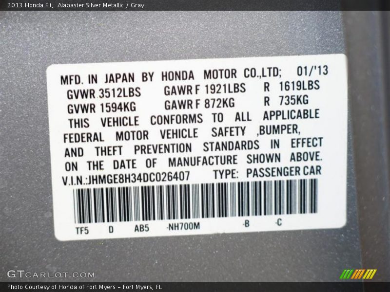 Alabaster Silver Metallic / Gray 2013 Honda Fit