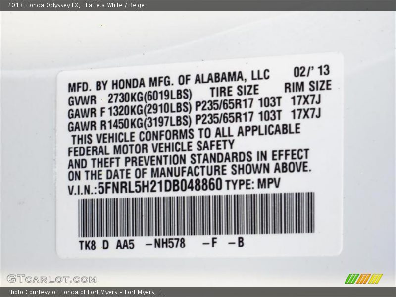 Taffeta White / Beige 2013 Honda Odyssey LX