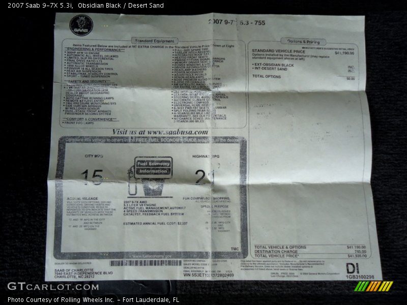  2007 9-7X 5.3i Window Sticker