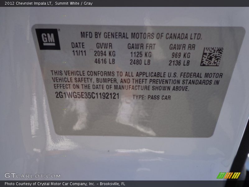 Summit White / Gray 2012 Chevrolet Impala LT