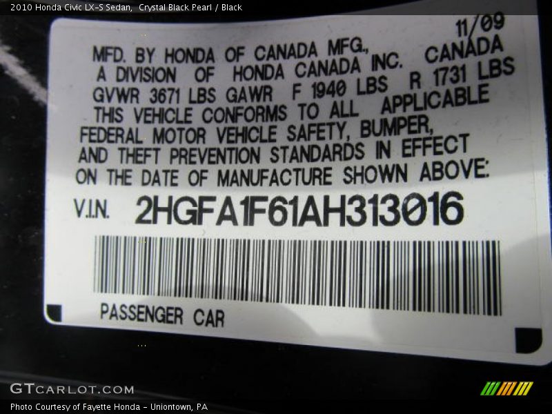 Crystal Black Pearl / Black 2010 Honda Civic LX-S Sedan