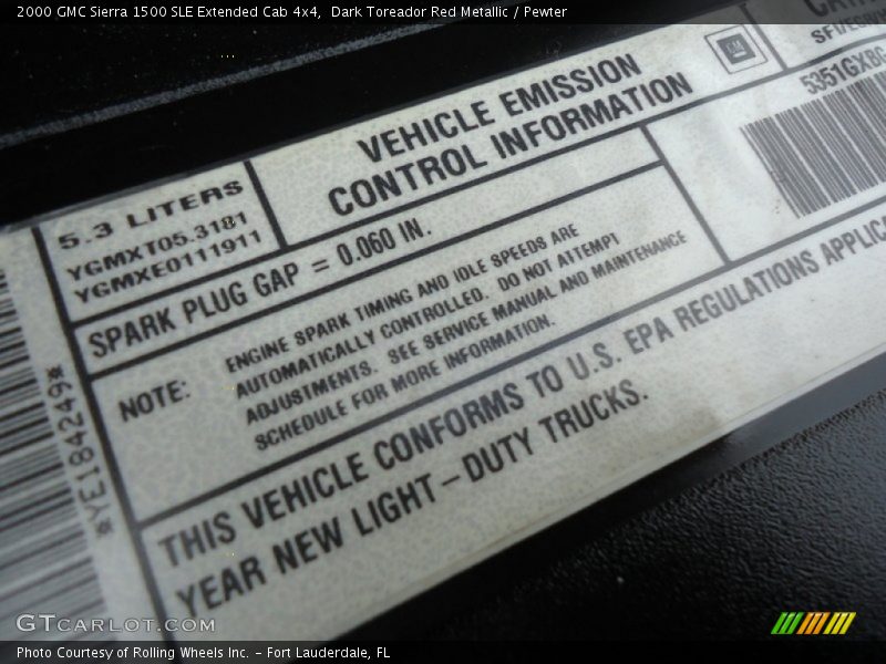 Info Tag of 2000 Sierra 1500 SLE Extended Cab 4x4