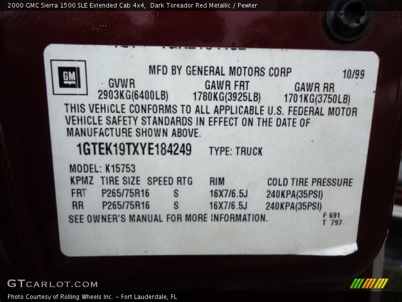 Info Tag of 2000 Sierra 1500 SLE Extended Cab 4x4