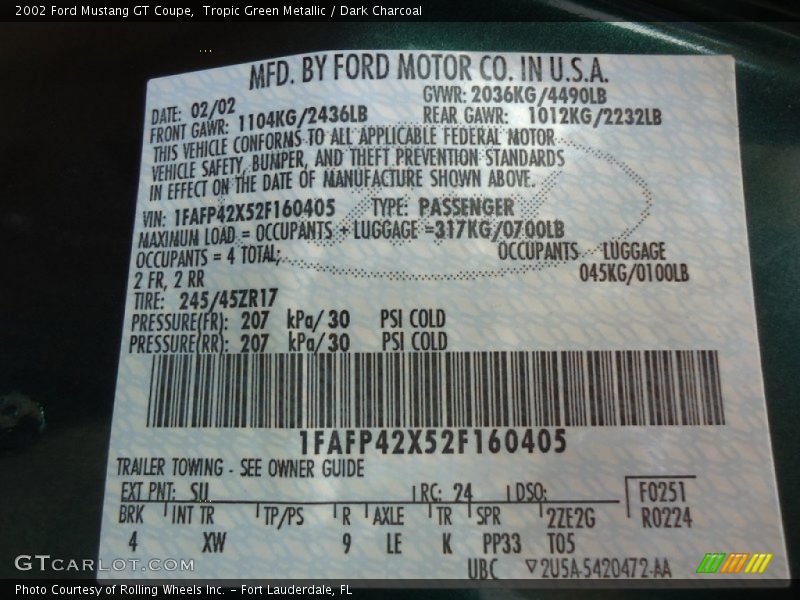 2002 Mustang GT Coupe Tropic Green Metallic Color Code SU