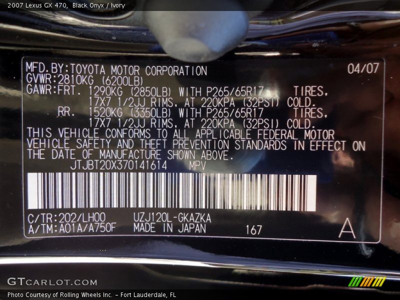 2007 GX 470 Black Onyx Color Code 202