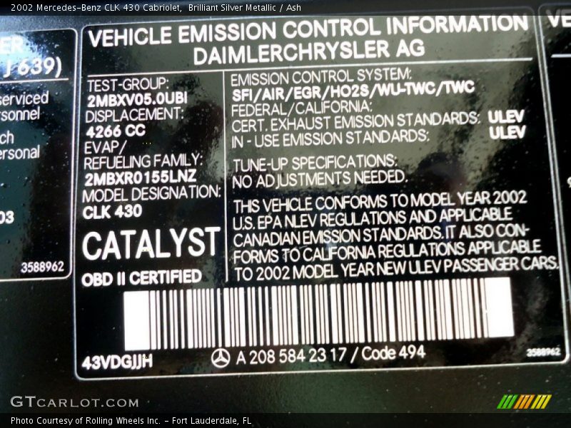 Info Tag of 2002 CLK 430 Cabriolet