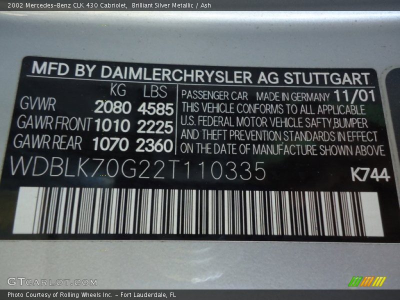 2002 CLK 430 Cabriolet Brilliant Silver Metallic Color Code 744