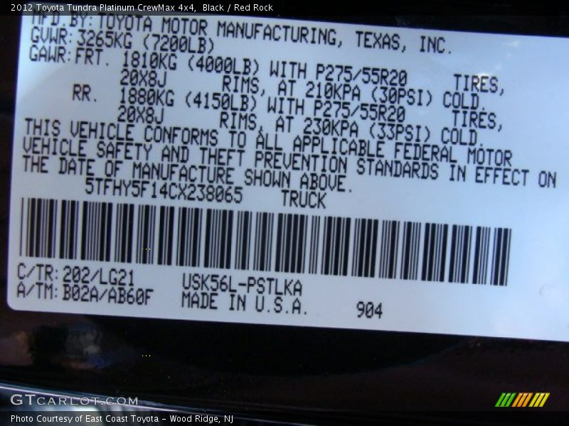 Black / Red Rock 2012 Toyota Tundra Platinum CrewMax 4x4