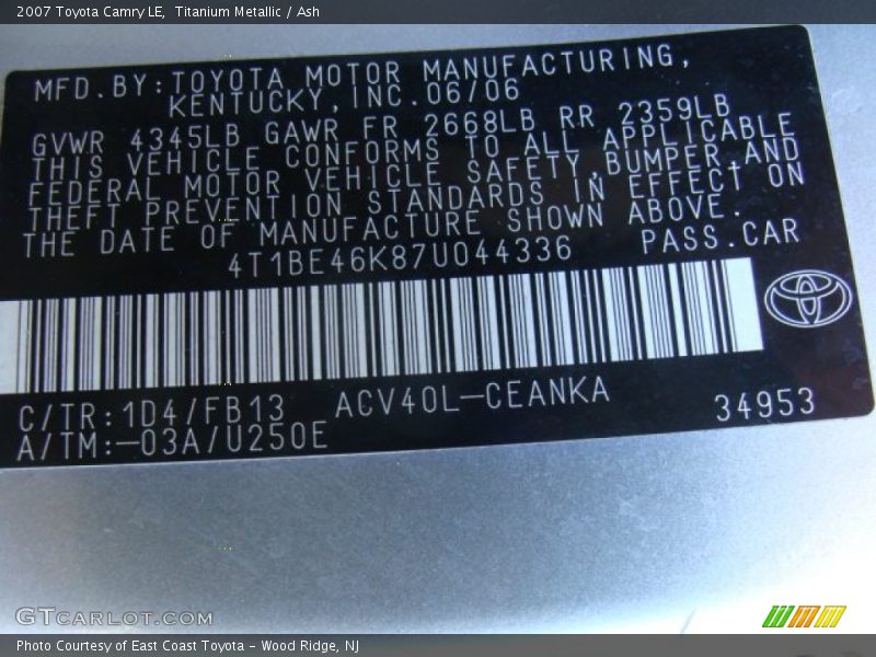 Titanium Metallic / Ash 2007 Toyota Camry LE