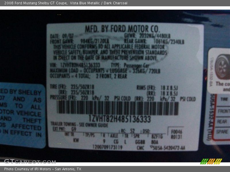 2008 Mustang Shelby GT Coupe Vista Blue Metallic Color Code G9