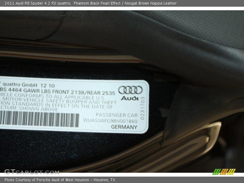 Phantom Black Pearl Effect / Nougat Brown Nappa Leather 2011 Audi R8 Spyder 4.2 FSI quattro