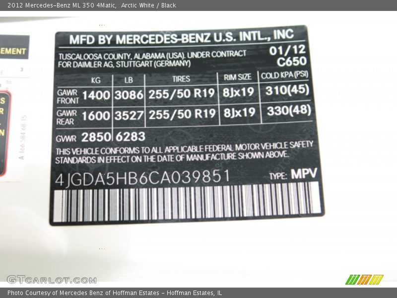 Arctic White / Black 2012 Mercedes-Benz ML 350 4Matic
